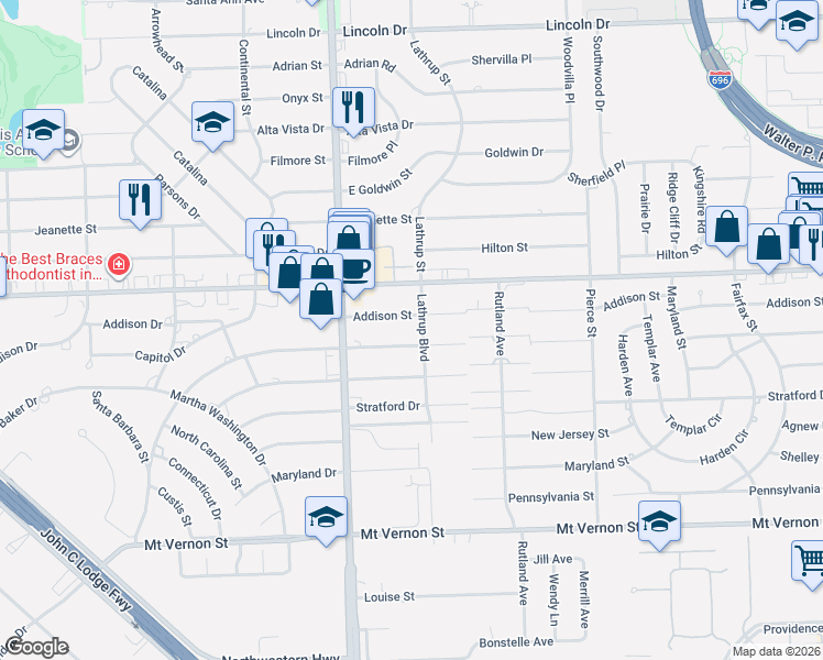 map of restaurants, bars, coffee shops, grocery stores, and more near 17551 Addison Street in Southfield