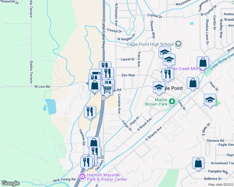 map of restaurants, bars, coffee shops, grocery stores, and more near 42 Comice Way in Eagle Point