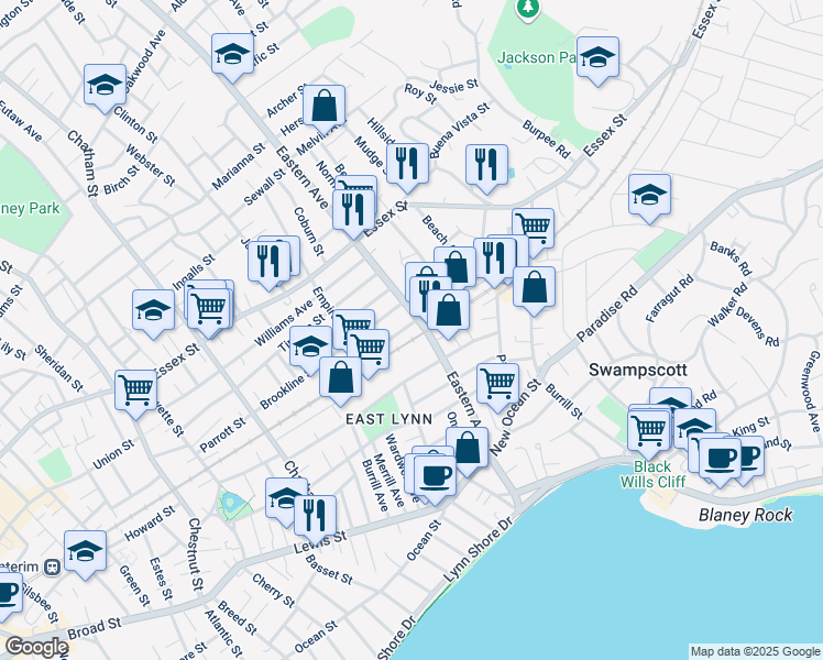 map of restaurants, bars, coffee shops, grocery stores, and more near 161 Eastern Avenue in Lynn