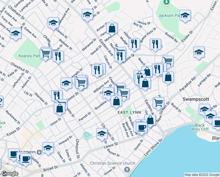 map of restaurants, bars, coffee shops, grocery stores, and more near 66 Williams Avenue in Lynn