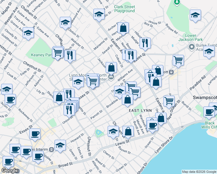 map of restaurants, bars, coffee shops, grocery stores, and more near in Lynn