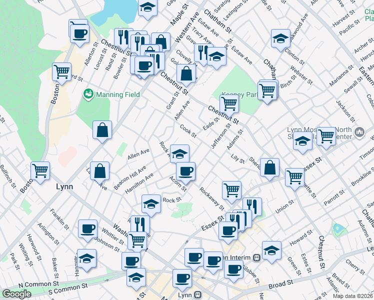 map of restaurants, bars, coffee shops, grocery stores, and more near 187 Beacon Hill Avenue in Lynn