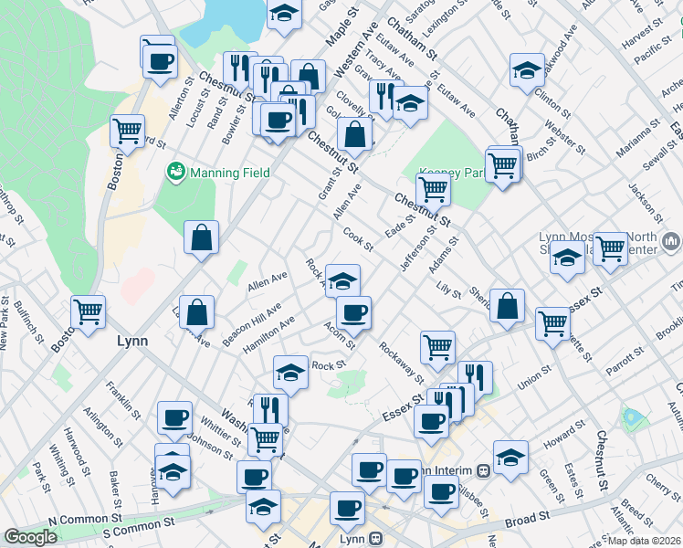 map of restaurants, bars, coffee shops, grocery stores, and more near 187 Beacon Hill Avenue in Lynn