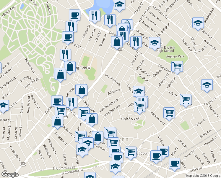 map of restaurants, bars, coffee shops, grocery stores, and more near 73 Hawthorne Street in Lynn