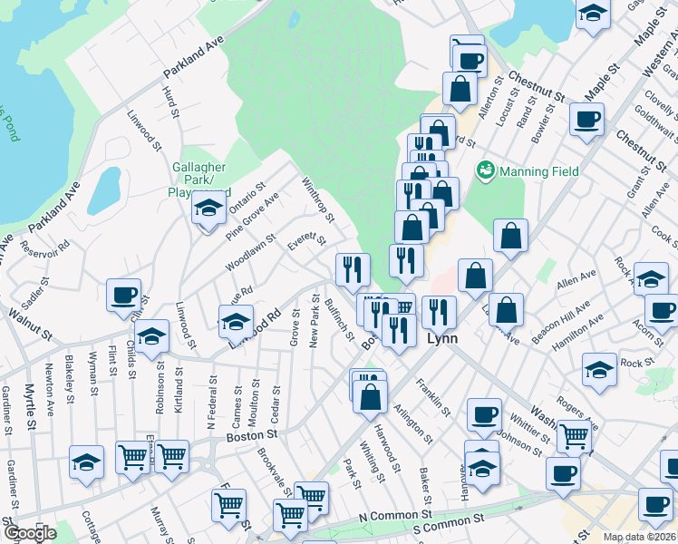 map of restaurants, bars, coffee shops, grocery stores, and more near 4 Hancock Terrace in Lynn