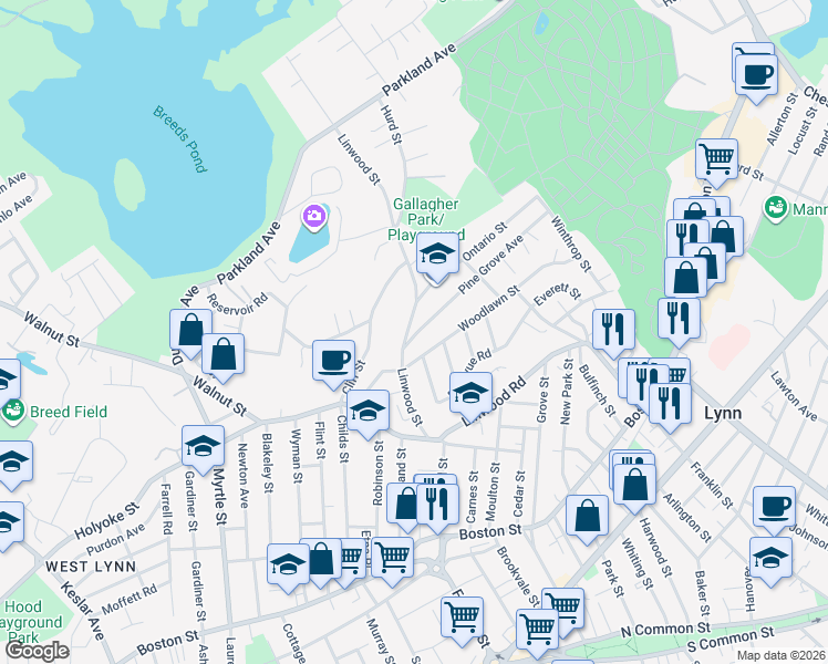map of restaurants, bars, coffee shops, grocery stores, and more near 90 Linwood Street in Lynn