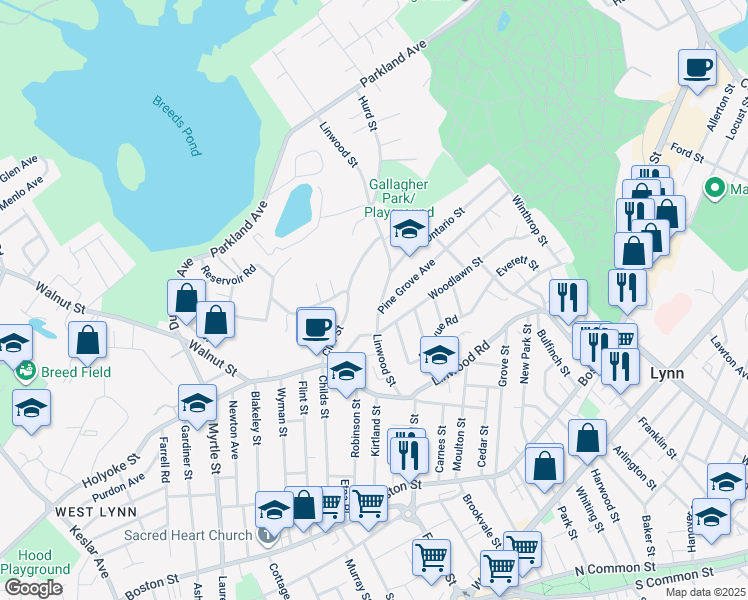 map of restaurants, bars, coffee shops, grocery stores, and more near 90 Linwood Street in Lynn