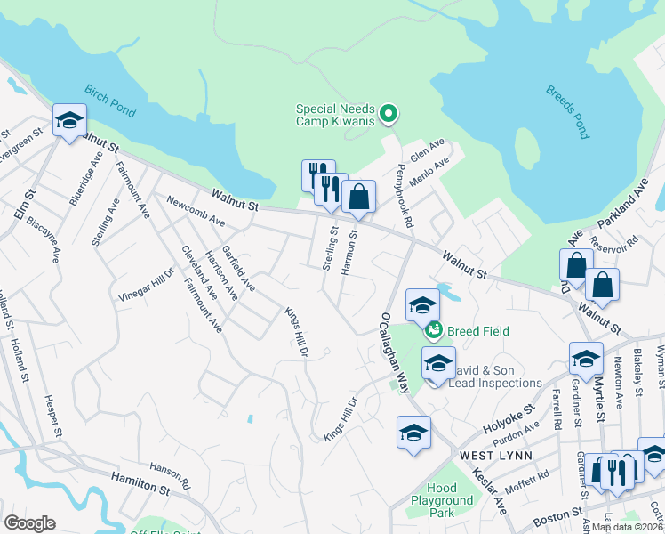 map of restaurants, bars, coffee shops, grocery stores, and more near 38 Sterling Street in Lynn