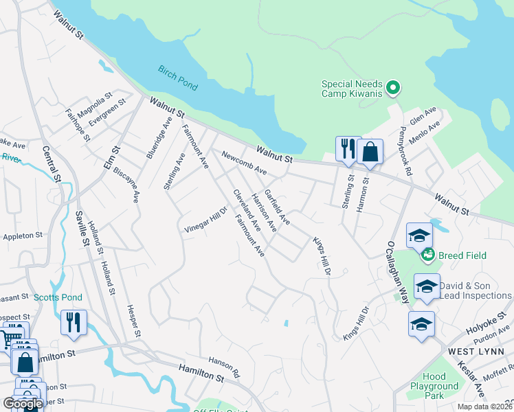 map of restaurants, bars, coffee shops, grocery stores, and more near 24 Harrison Avenue in Saugus
