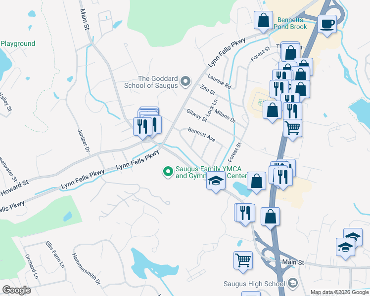 map of restaurants, bars, coffee shops, grocery stores, and more near 6 Puritan Road in Saugus