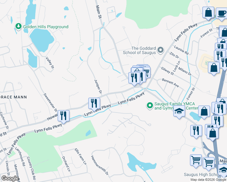 map of restaurants, bars, coffee shops, grocery stores, and more near 5 Fernwood Road in Saugus