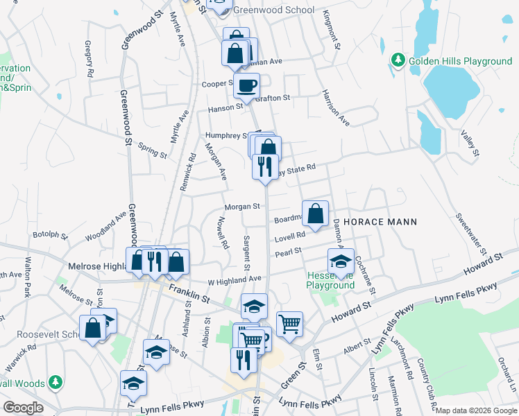 map of restaurants, bars, coffee shops, grocery stores, and more near 1111 Main Street in Melrose