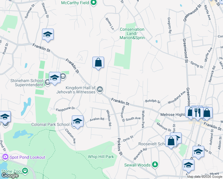 map of restaurants, bars, coffee shops, grocery stores, and more near 6 Christopher Street in Stoneham