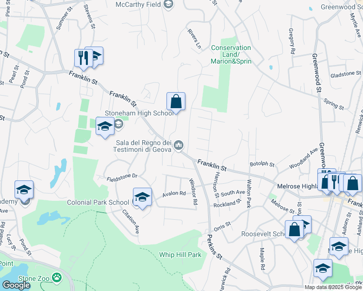 map of restaurants, bars, coffee shops, grocery stores, and more near 8 Walsh Avenue in Stoneham
