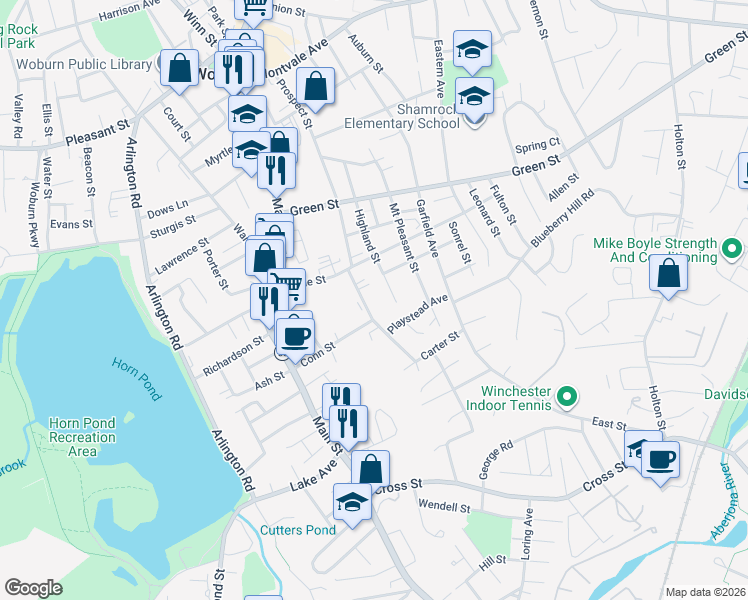 map of restaurants, bars, coffee shops, grocery stores, and more near 32A Highland Street in Woburn