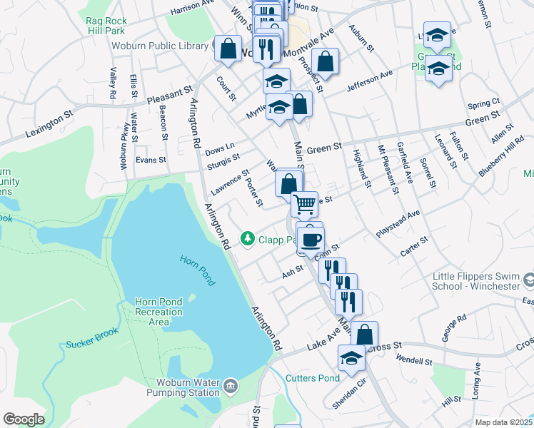 map of restaurants, bars, coffee shops, grocery stores, and more near 11 Porter Street in Woburn