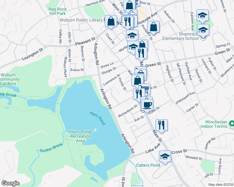 map of restaurants, bars, coffee shops, grocery stores, and more near 30 Porter Street in Woburn