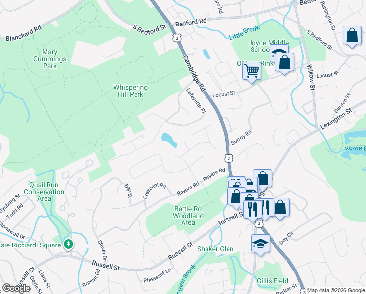 map of restaurants, bars, coffee shops, grocery stores, and more near 5 Adams Circle in Woburn