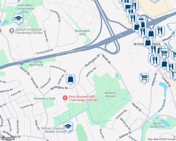 map of restaurants, bars, coffee shops, grocery stores, and more near 167 Burlington Street in Lexington