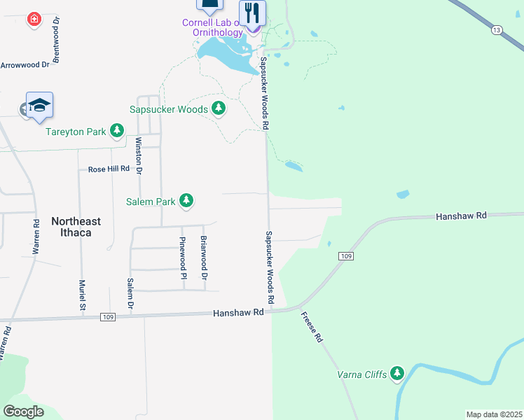 map of restaurants, bars, coffee shops, grocery stores, and more near 1 Sanctuary Drive in Ithaca