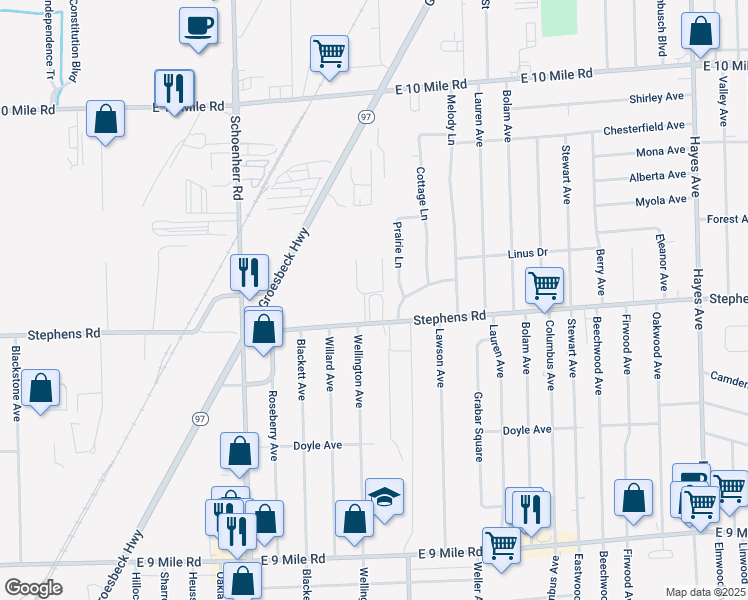 map of restaurants, bars, coffee shops, grocery stores, and more near 14055 Stephens in Warren
