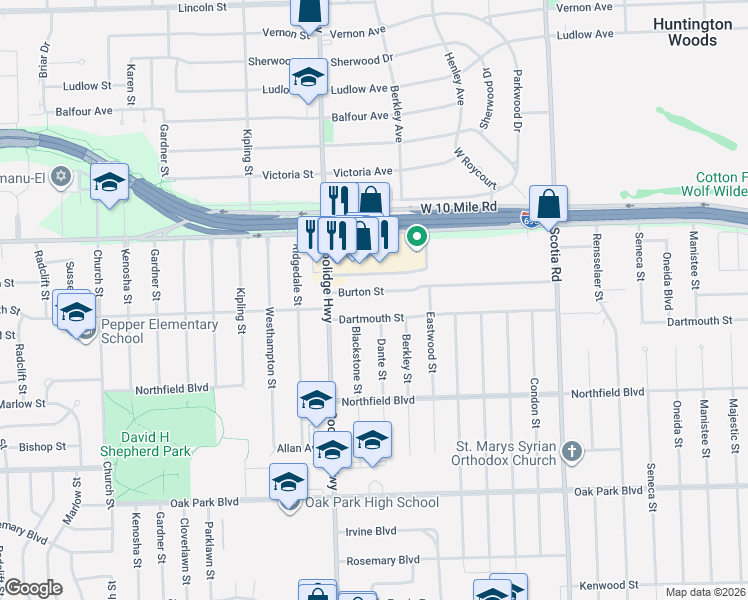 map of restaurants, bars, coffee shops, grocery stores, and more near 13420 Burton Street in Oak Park