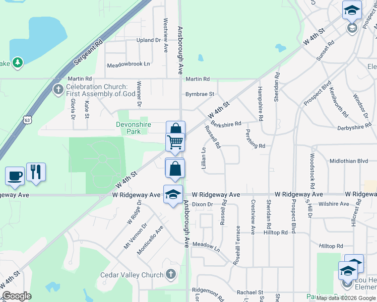 map of restaurants, bars, coffee shops, grocery stores, and more near 2817 Ansborough Avenue in Waterloo