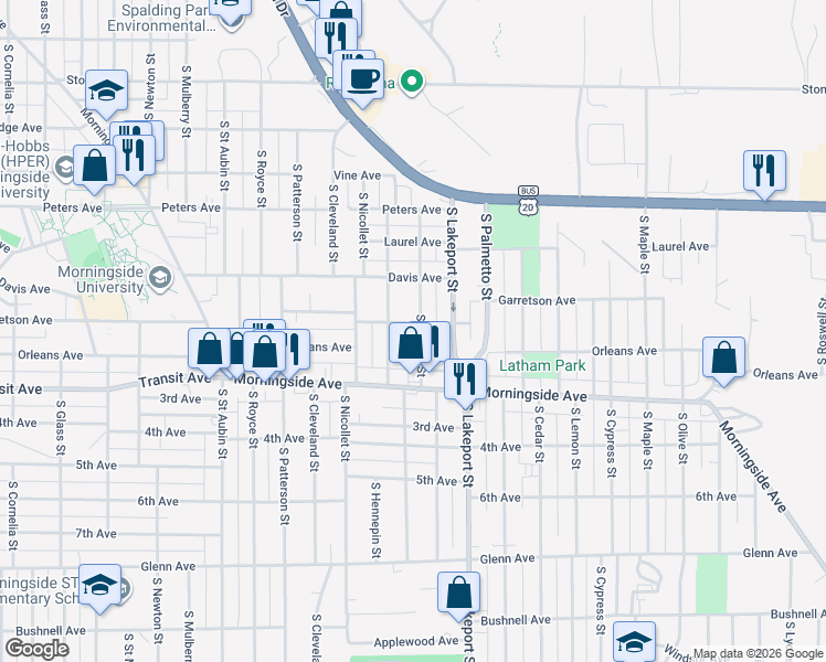 map of restaurants, bars, coffee shops, grocery stores, and more near 1732 South Clinton Street in Sioux City