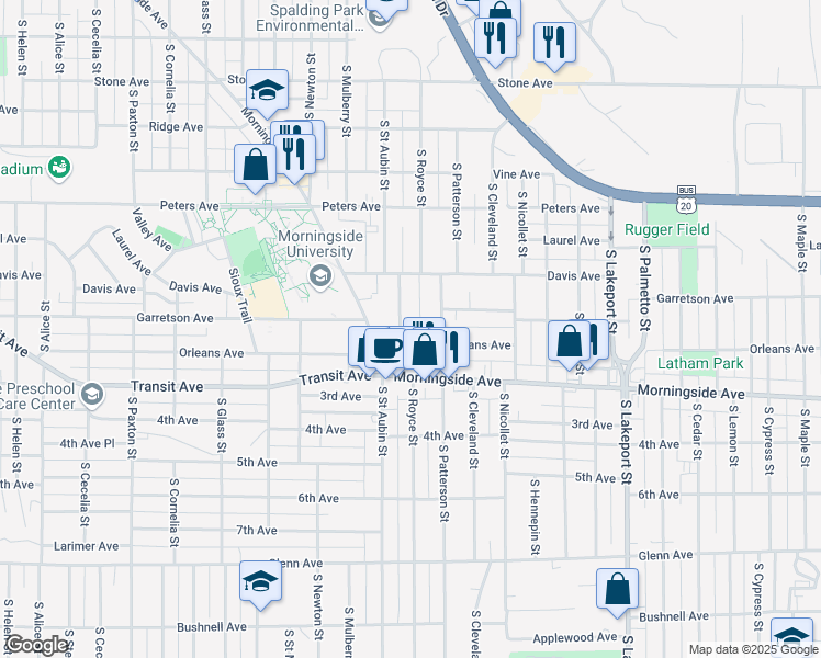 map of restaurants, bars, coffee shops, grocery stores, and more near 1801 South Saint Aubin Street in Sioux City