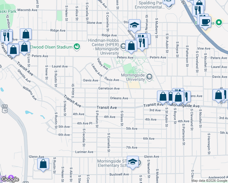 map of restaurants, bars, coffee shops, grocery stores, and more near 3425 Garretson Avenue in Sioux City