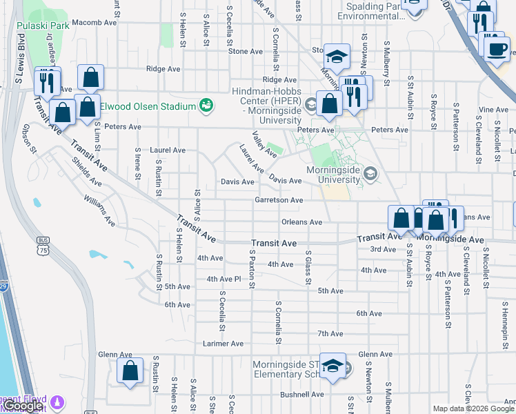 map of restaurants, bars, coffee shops, grocery stores, and more near 3219-3251 Garretson Avenue in Sioux City