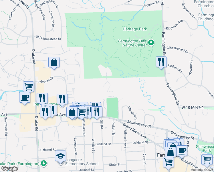 map of restaurants, bars, coffee shops, grocery stores, and more near 24220 Locust Street in Farmington Hills