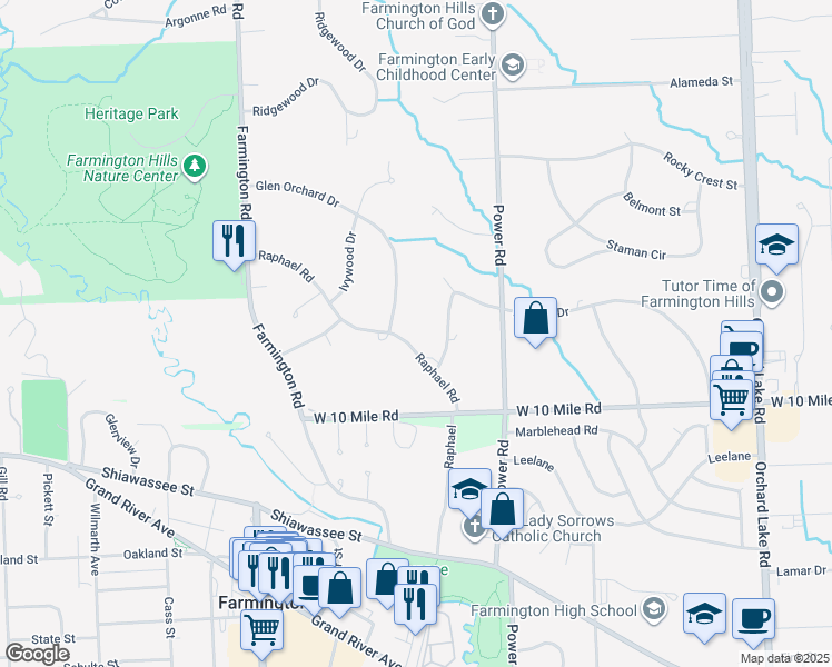 map of restaurants, bars, coffee shops, grocery stores, and more near 32740 Raphael Road in Farmington Hills