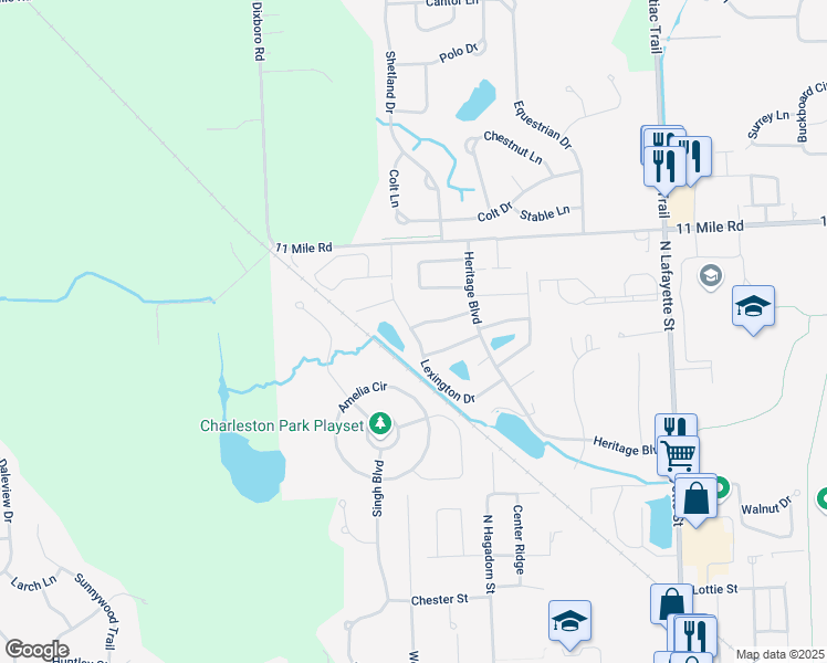 map of restaurants, bars, coffee shops, grocery stores, and more near 25861 Lexington Drive in South Lyon