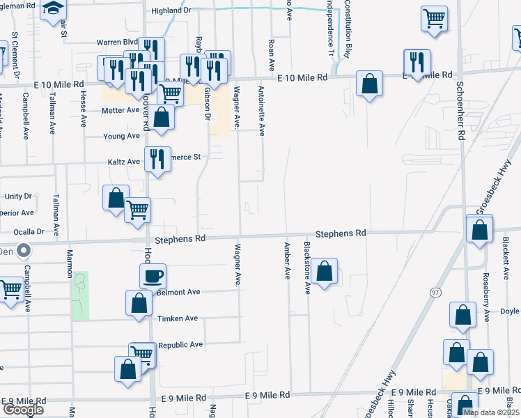 map of restaurants, bars, coffee shops, grocery stores, and more near 12225 Stephens Rd in Warren