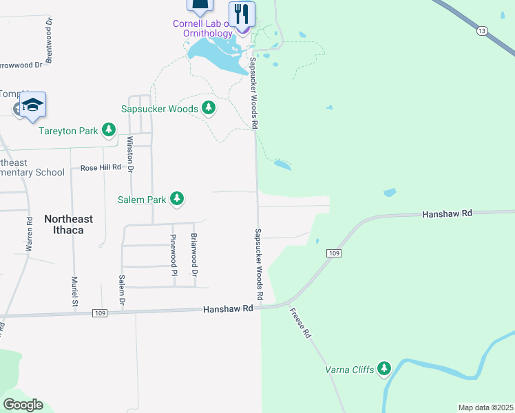 map of restaurants, bars, coffee shops, grocery stores, and more near Sapsucker Woods Road & Meadowlark Drive in Ithaca