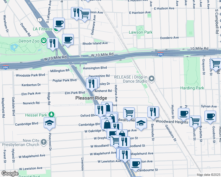 map of restaurants, bars, coffee shops, grocery stores, and more near 38 Wellesley Drive in Pleasant Ridge