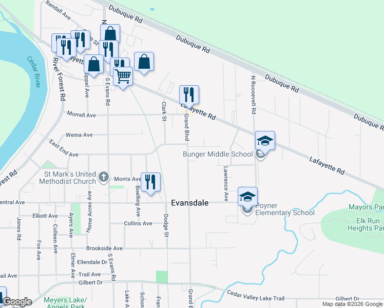 map of restaurants, bars, coffee shops, grocery stores, and more near 300 Grand Boulevard in Evansdale