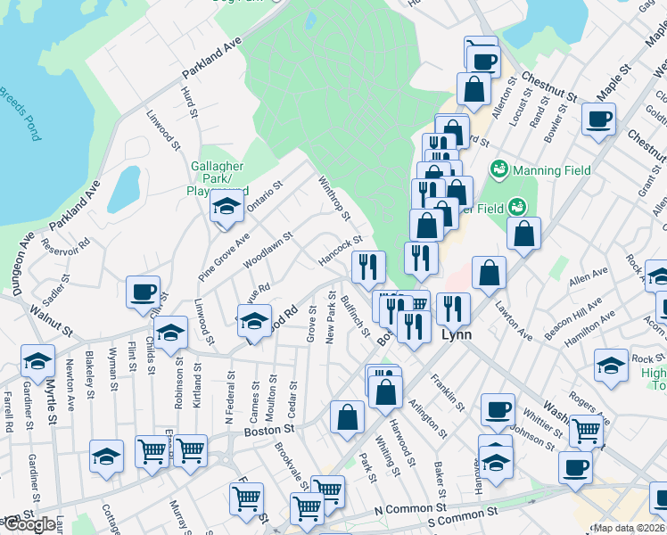 map of restaurants, bars, coffee shops, grocery stores, and more near 35 Lovers Leap Avenue in Lynn