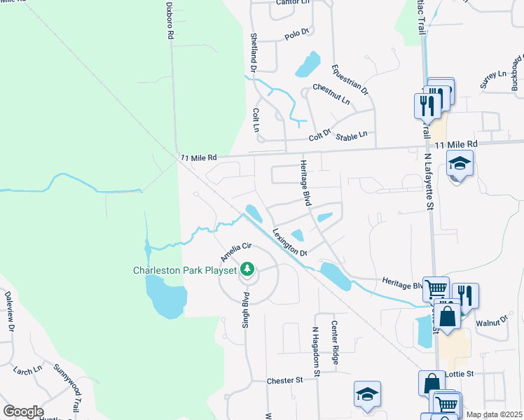 map of restaurants, bars, coffee shops, grocery stores, and more near 25861 Lexington Drive in South Lyon
