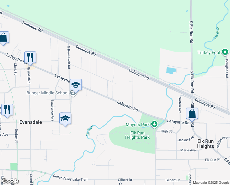 map of restaurants, bars, coffee shops, grocery stores, and more near 124 Earl Street in Evansdale
