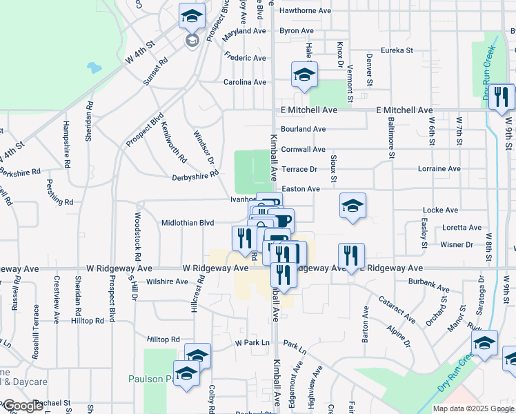 map of restaurants, bars, coffee shops, grocery stores, and more near 704 Midlothian Boulevard in Waterloo
