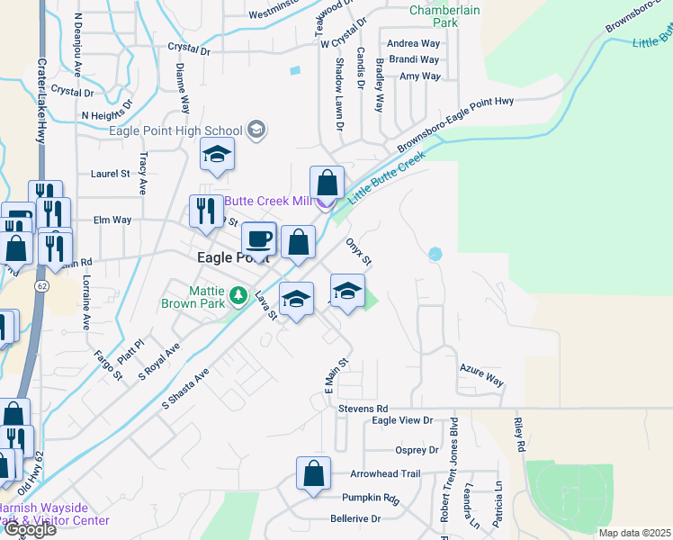 map of restaurants, bars, coffee shops, grocery stores, and more near 122 North Shasta Avenue in Eagle Point