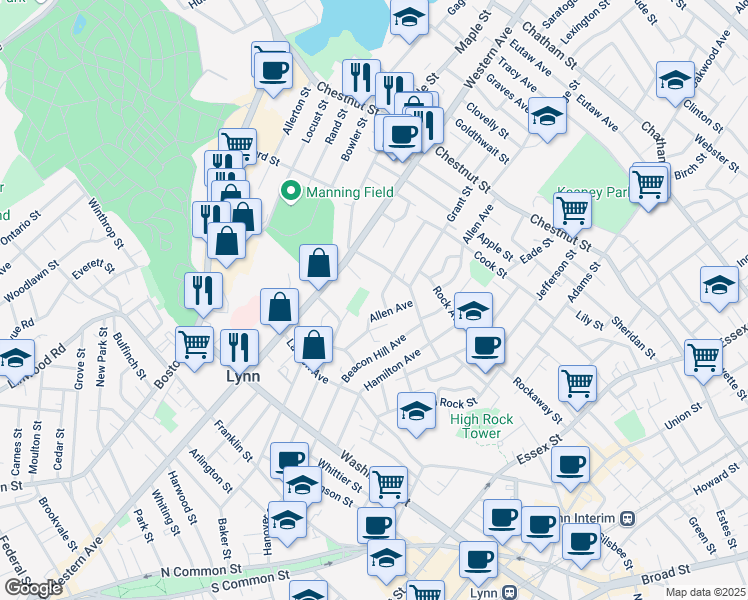 map of restaurants, bars, coffee shops, grocery stores, and more near 73 Hawthorne Street in Lynn