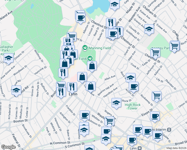map of restaurants, bars, coffee shops, grocery stores, and more near 370 Western Avenue in Lynn