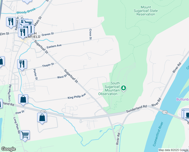map of restaurants, bars, coffee shops, grocery stores, and more near 24 Mountain Road in South Deerfield