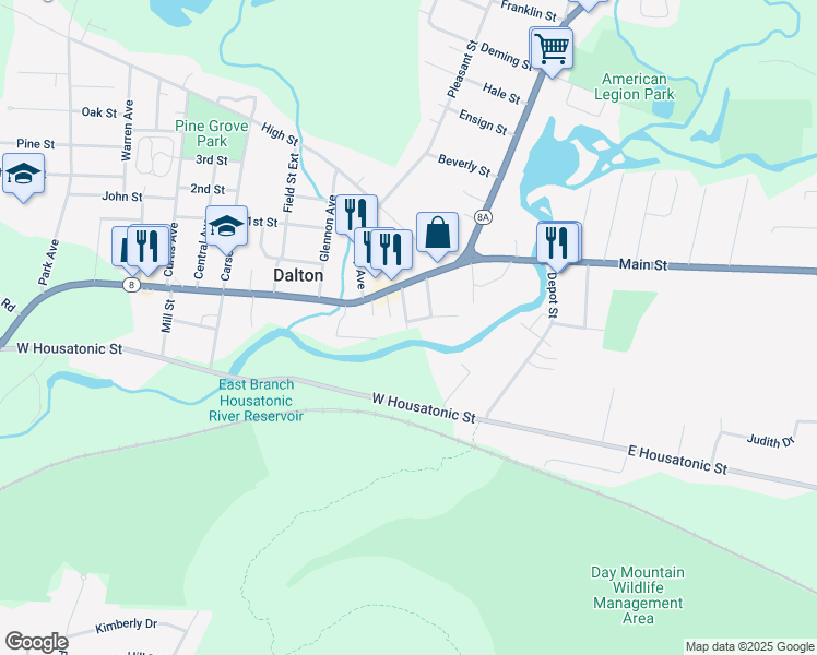 map of restaurants, bars, coffee shops, grocery stores, and more near 23-25 Elm Street in Dalton