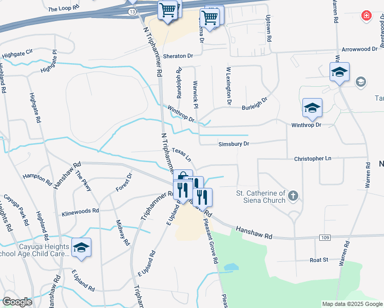 map of restaurants, bars, coffee shops, grocery stores, and more near 107 Simsbury Dr in Ithaca