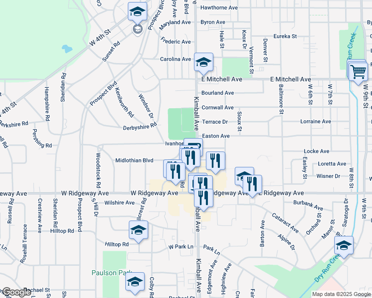 map of restaurants, bars, coffee shops, grocery stores, and more near 704 Midlothian Boulevard in Waterloo