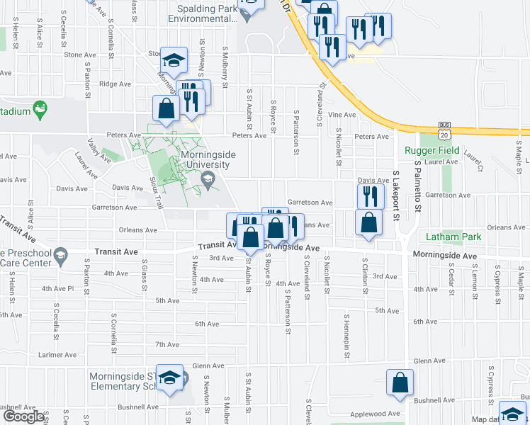 map of restaurants, bars, coffee shops, grocery stores, and more near 1801 South Saint Aubin Street in Sioux City